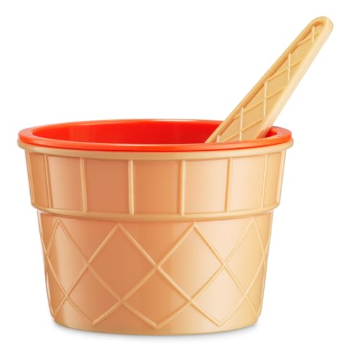 JoyServe Ice Cream Bowls and Spoons Set - Reusable Plastic Ice Cream Cups and Waffle Cone Shaped Spoons for Dessert Ice Cream Sundaes, Frozen Yogurt, Gelato, Birthday Party Decorations